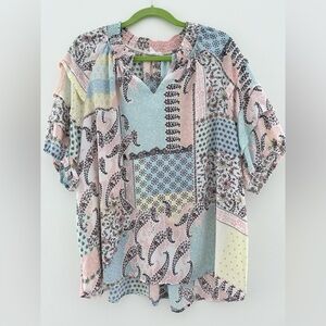 Cynthia Rowley Pastel Patchwork Peasant Blouse in Pink, Blue & Cream